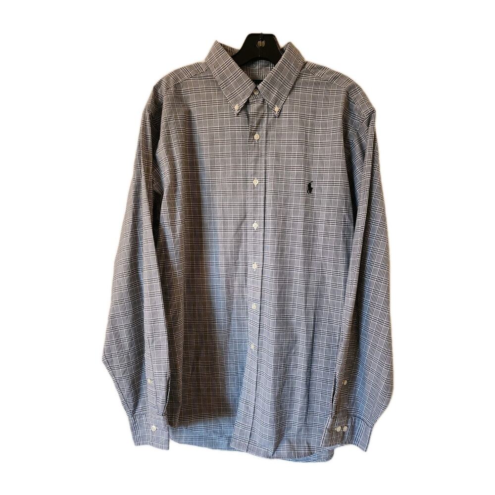 Ralph Lauren Blue Window Pane Check Classic Fit Button Up Dress Shirt 17 34/35